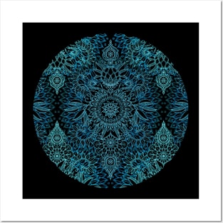 Black, Teal & Aqua Protea Doodle Pattern Posters and Art